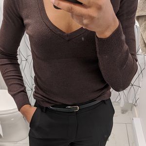 💣 Dark Brown Vero Moda V Neck Long Sleeves Tee